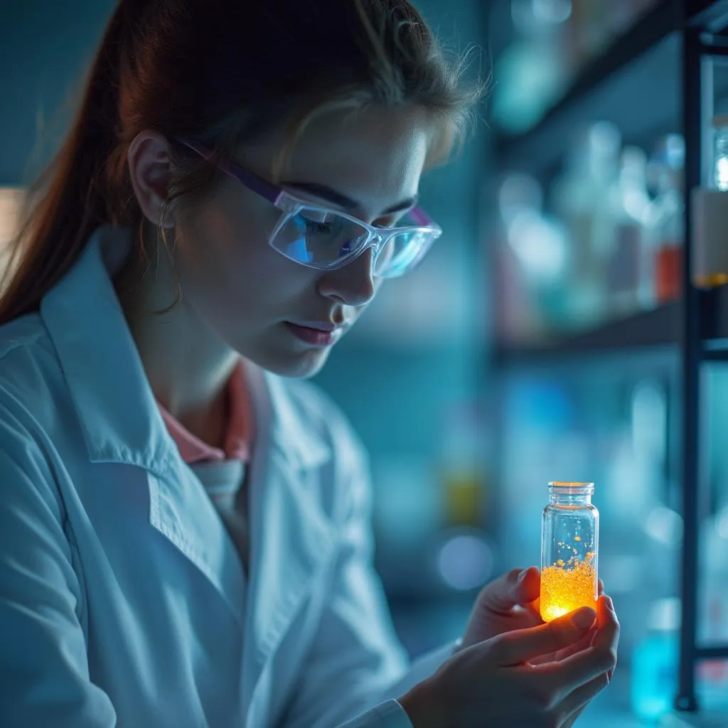 Scientist with glowing vial symbolizing innovation