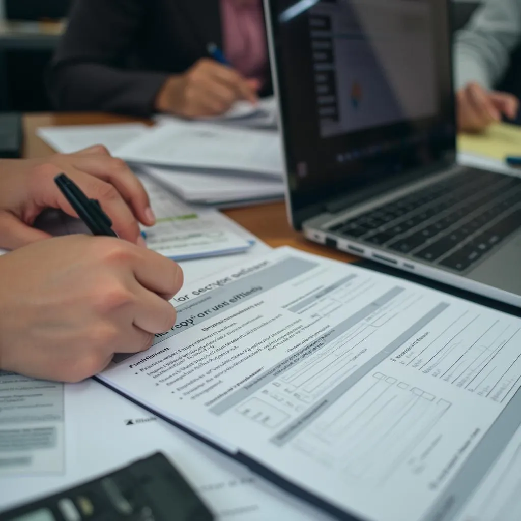 Hands writing on a grant application